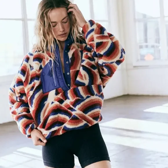 Free People Movement Hit The Slopes Printed Fleece Pullover Jacket S - Picture 1 of 14